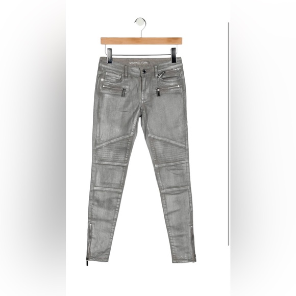 Michael Kors Denim - MICHAEL KORS Womens Moto Biker Jeans‎ Silver Metallic Skinny Zipper Ankle Size 6
